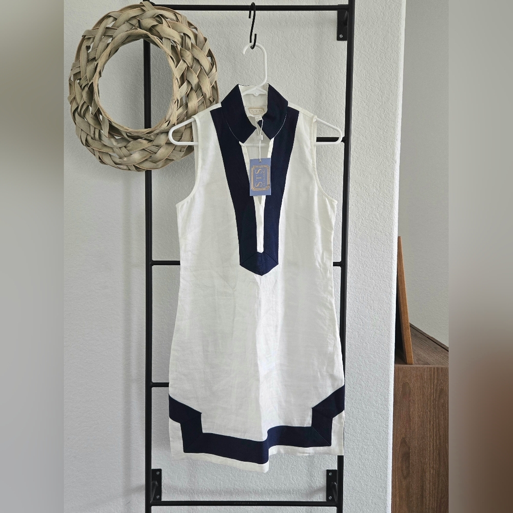 Sail to Sable Sleeveless Classic Linen Blend Tunic Dress - White/Navy
